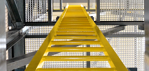 Safety Yellow FRP Ladder Perspective from Bottom Up