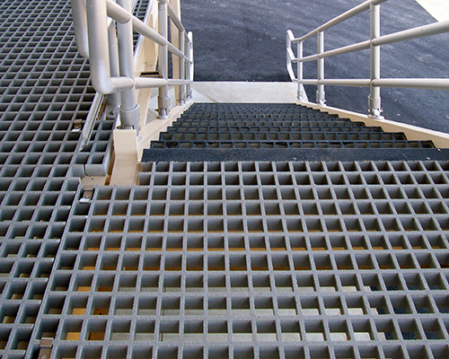 City of Lodi Pumping Station Stair Treads constructed with Light Gray Square Mesh Fiberglass Molding