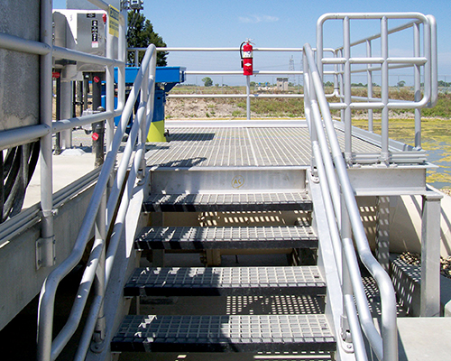 City of Lodi Pumping Station Platform and Stairs highlighting Light Gray Square Mesh Fiberglass Molding