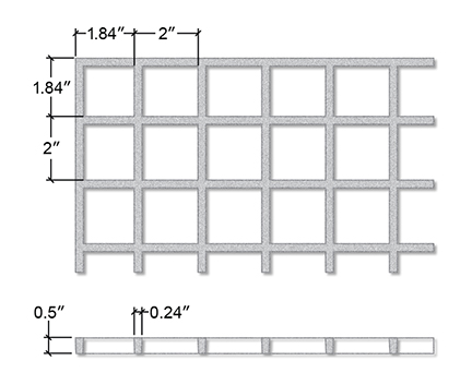 Molded Square Mesh Fiberglass Section View - 1/2 Inch Deep x 2 Inches